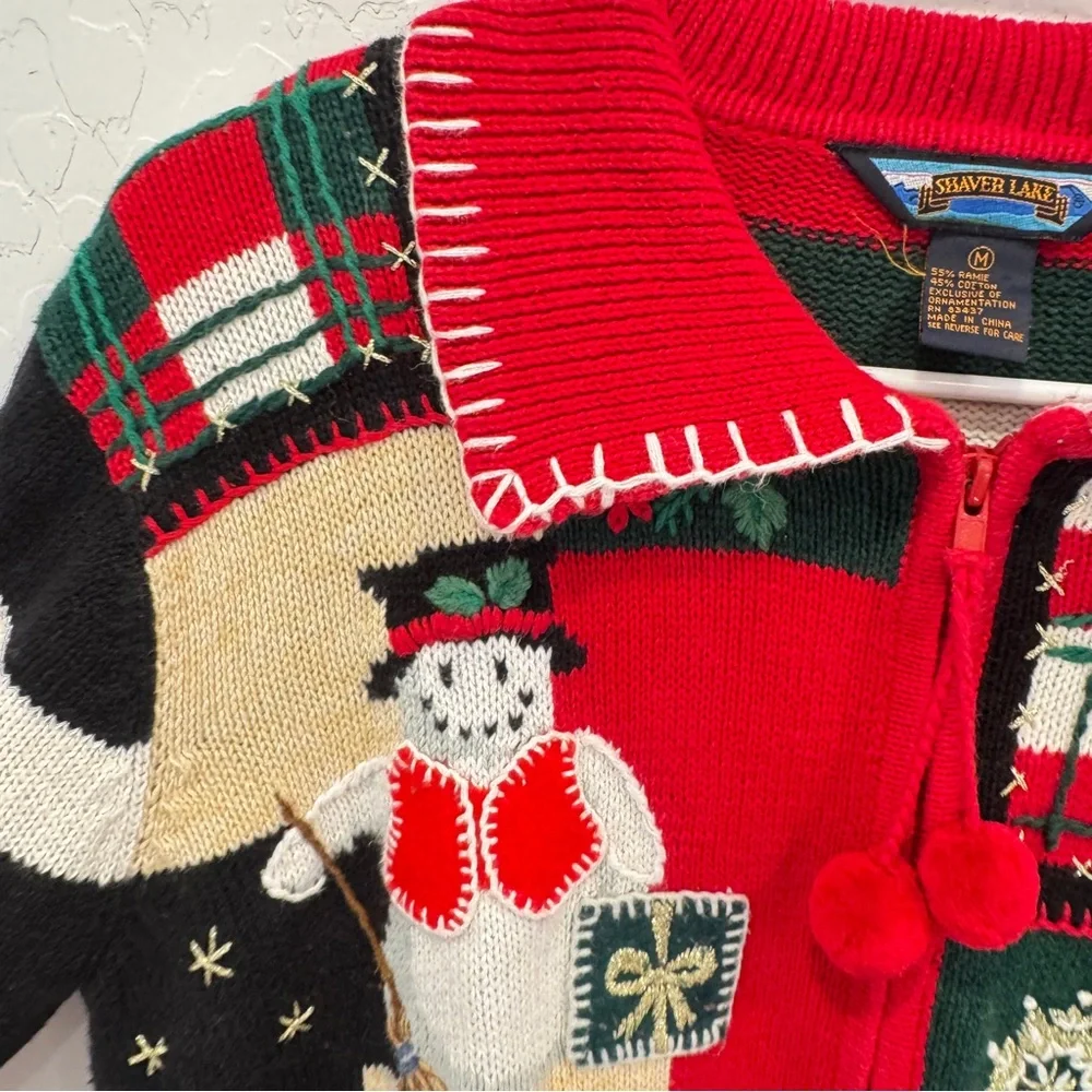 Shaver Lake Christmas Cardigan Sweater Womens Medium Patchwork Embroidered